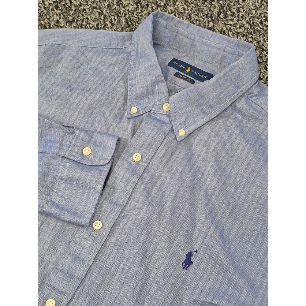 Ralph Lauren Button Down Long Sleeve‎ Mens 2XL XXL Blue Stripe Classic Fit